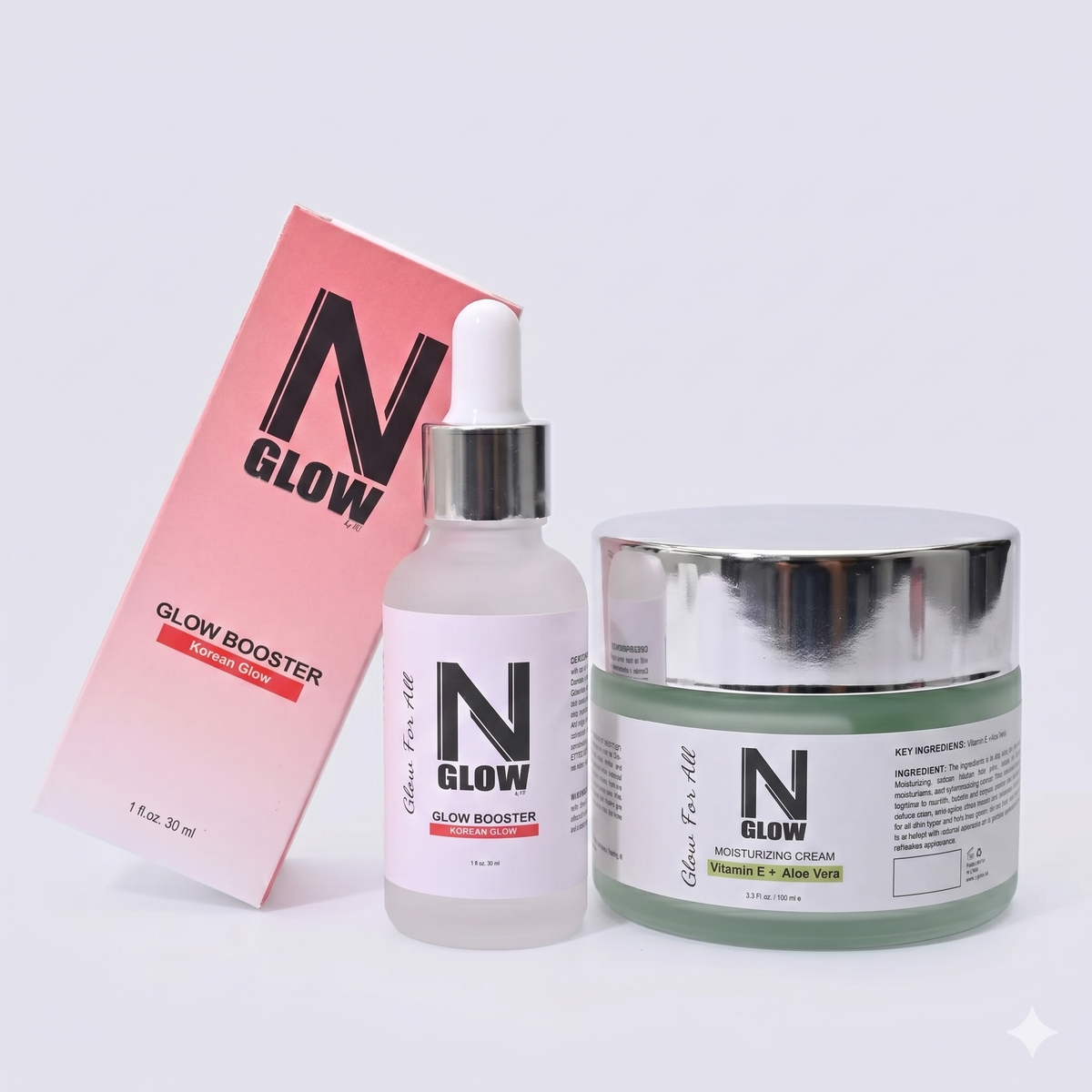 Korean Glass Skin Duo - NGlow Aloe Vera &amp; Vitamin E Moisturizing Cream + NGlow Korean Glow Serum (30ml) (20% Off)